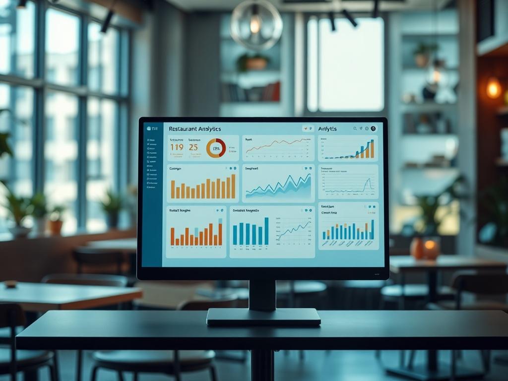 Create a realistic high-resolution image of a sleek, modern analytics dashboard displayed prominently on a large computer screen. The dashboard should be showcasing various graphs, charts, and data visualizations that convey restaurant analytics, such as customer engagement metrics, order statistics, and sales performance. The subject should be the computer screen itself, occupying the center of the composition, with the dashboard elements clearly visible and detailed.In the background, feature a softly