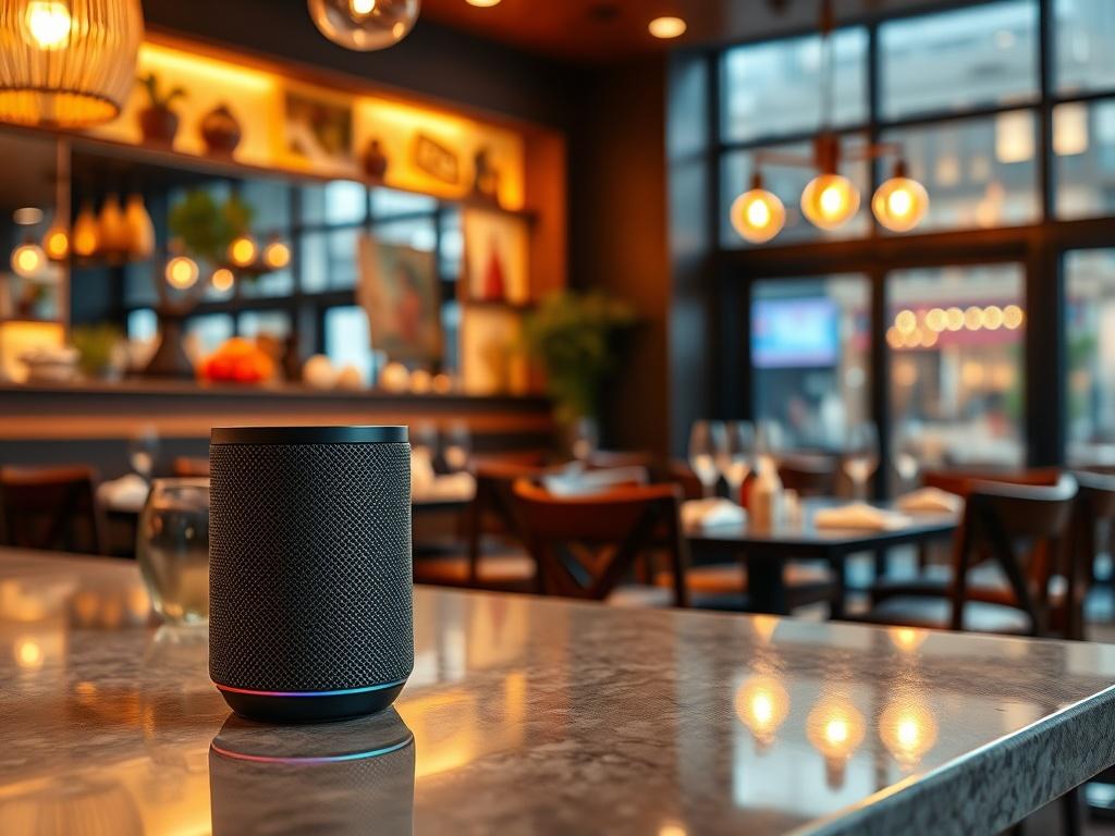 **Prompt for AI Image Generator:**
Create a realistic high-resolution photograph that illustrates the concept of voice AI resonating with diverse customers in the restaurant industry. The image should feature a single subject: a modern, sleek voice AI device (such as a smart speaker) placed prominently on a polished restaurant counter.
The composition should be simple and clear, with the voice AI device positioned in the foreground, showcasing its modern design and user-friendly interface. The background